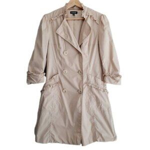 BEBE Light Short Coat Jacket w Ruffle Details Beige Sz S Flawed